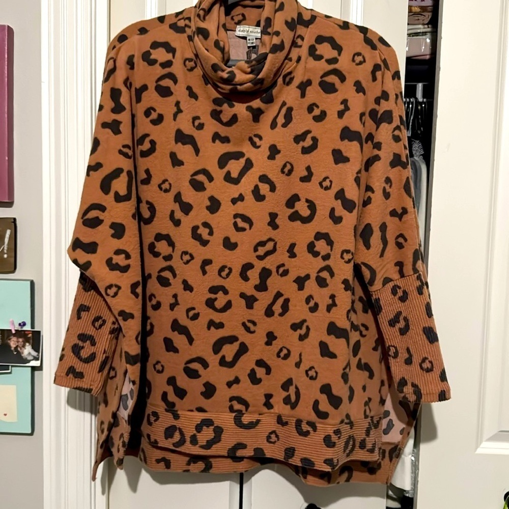 Simply Southern Leopard Print Turtleneck Poncho Top With Sleeves